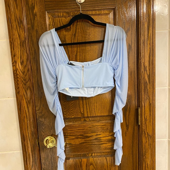 PLT- Light Blue Ruched Lace Up Detail Mesh Crop Top - Picture 4 of 8